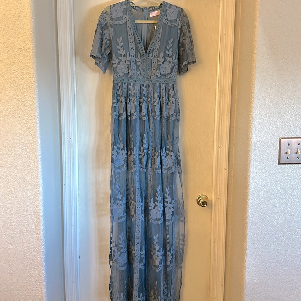 Pink Lily blue lace long length v-neck romper.